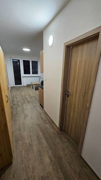 Prenájom garsónka Dubnica nad Váhom  - Garsónka s podlahou s dreveným dekorom, bielymi stenami a nábytkom.