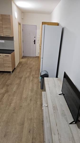 Prenájom garsónka Dubnica nad Váhom  - Garsónka s podlahou s dreveným dekorom, kuchynskou linkou, chladničkou a televízorom.