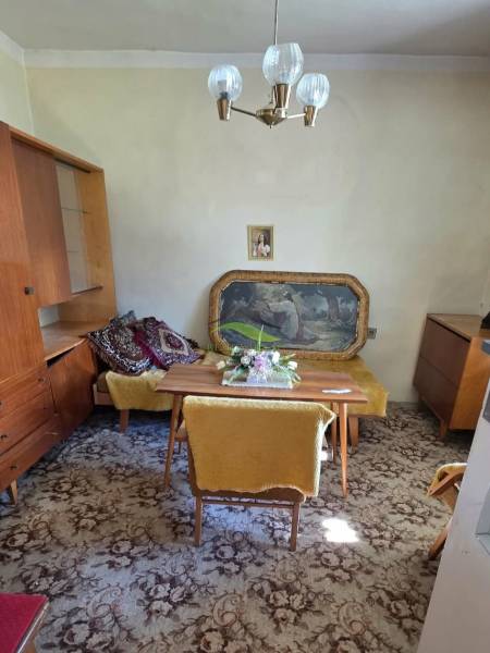Rodinný dom v obci Pavlovce nad Uhom - Rodinný dom obsahuje jedáleň s kobercovou podlahou, nábytkom a visiacim lustrom.
