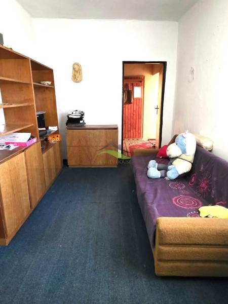 Rodinný dom v obci Pavlovce nad Uhom - Rodinný dom s kobercom, pohovkou a policami. Detský medvedík na pohovke.