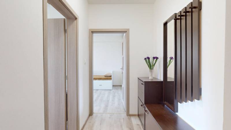 2 izbový prerobený byt v Trenčíne Pred polom, balkón + pivnica - Chodba v 2-izbovom byte s podlahou s dreveným dekorom a tmavým nábytkom.