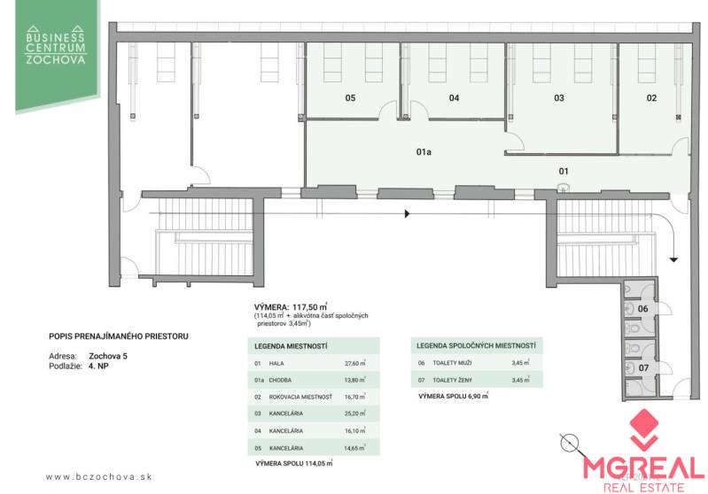 Reprezentatívne kancelárske priestory 121m2, Zochova ul., Staré Mest - Pôdorys kancelárií na ulici Zochova v Bratislava-Staré Mesto, obsahuje chodbu, halu, toalety.