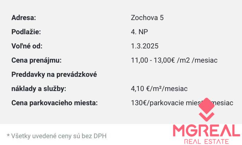 Reprezentatívne kancelárske priestory 121m2, Zochova ul., Staré Mest - Kancelárie na Zochovej ulici, dostupné od 1.3.2025, s prenájmom 11-13€/m²/mesiac.