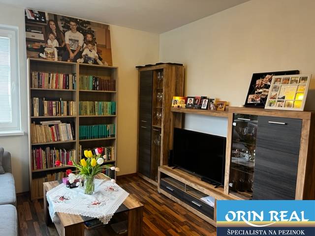 ÚTULNÝ 2 IZBOVÝ BYT - SILVANIUM  - Obývačka v 2-izbovom byte s knižnicami, pohovkou a televíziou.