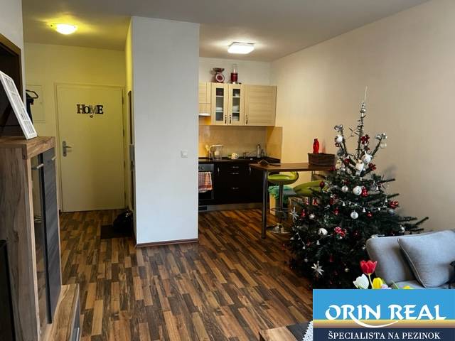 ÚTULNÝ 2 IZBOVÝ BYT - SILVANIUM  - Obývacia izba s kuchynským kútom a vianočným stromčekom v 2-izbovom byte.