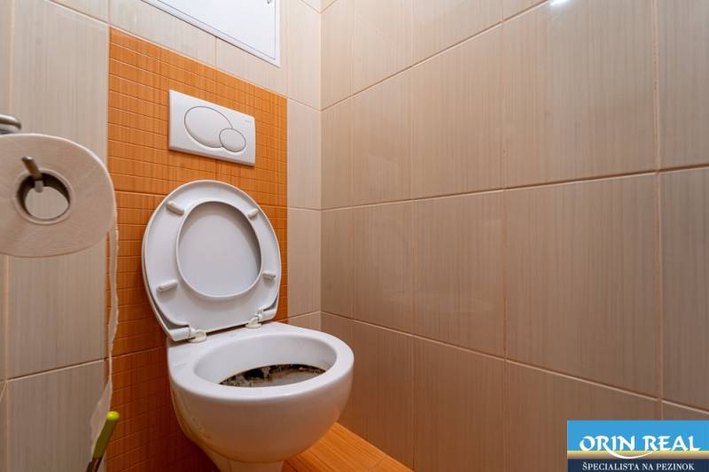 SVETLÝ ZARIADENÝ 2-IZBOVÝ BYT S BALKÓNOM - LA VITA  - Kúpeľňa s oranžovým obkladom v 2-izbovom byte s otvorenou toaletou.