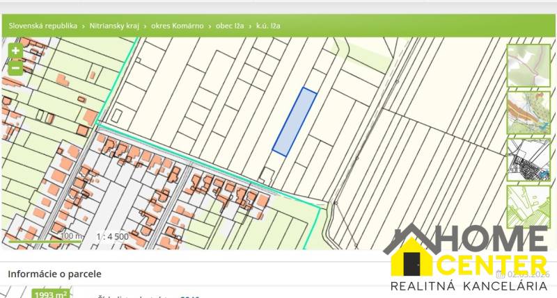 NA PREDAJ pozemok na výstavbu rodinného domu v obci IŽA - Mapa pozemkov v obci Iža určených na bývanie, zvýraznená parcela.