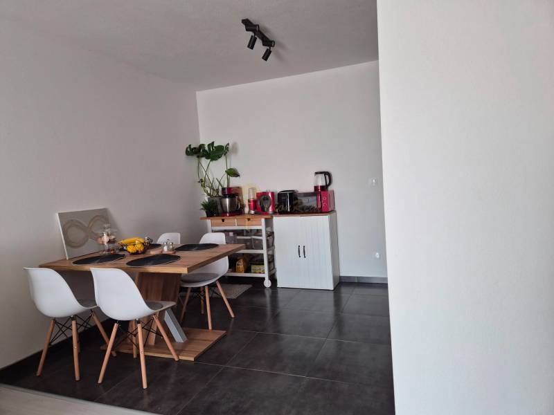 3-izb. byt v obci Blatná na Ostrove, balkón, lodžia, novostavba - Jedálenský kút s dreveným stolom, štyrmi stoličkami a rastlinou v 3-izbovom byte.