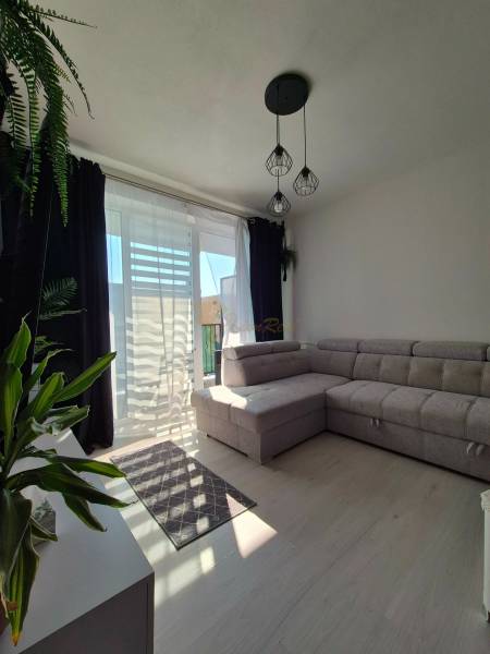 3-izb. byt v obci Blatná na Ostrove, balkón, lodžia, novostavba - Obývačka v 3-izbovom byte s podlahou s dreveným dekorom, veľkou sedačkou a rastlinami.