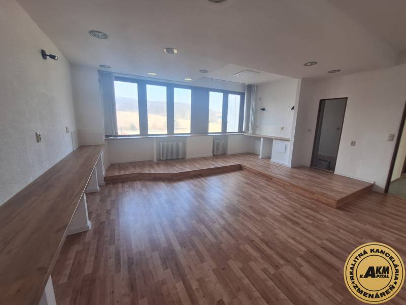 Priestor pre služby na prenájom,  36 m2, Tulska ul., Zvolen - Západ - Obchodné priestory s podlahou s dreveným dekorom a veľkými oknami.