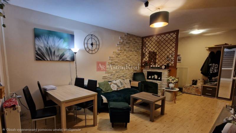 EXKLUZÍVNE-PREDAJ 3-IZBOVÝ BYT POPRAD, juh-bl.Slnečnica 80 m2  2 balk. - Obývacia izba s podlahou s dreveným dekorom a štýlovým sedením v 3-izbovom byte.