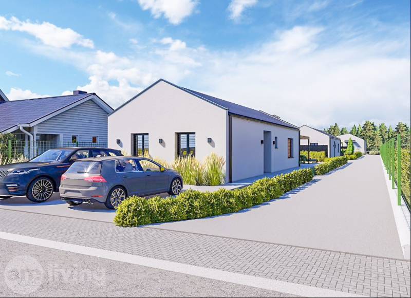 NOVINKA - 2x Novostavba RODINNÝCH DOMOV - Borčice  - Rodinný dom v Borčiciach s dvoma autami a záhradou, oplotené pozemky.