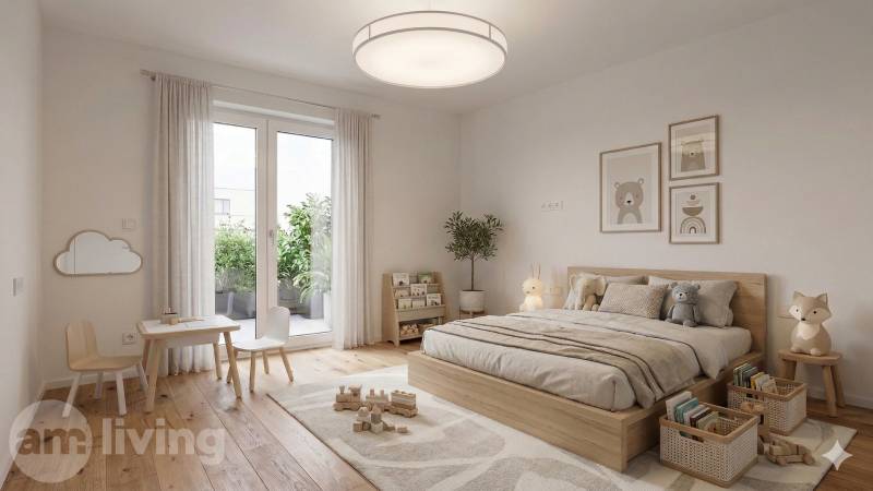 NOVINKA - 2x Novostavba RODINNÝCH DOMOV - Borčice  - Detská izba v Rodinnom dome s podlahou s dreveným dekorom a hračkami.