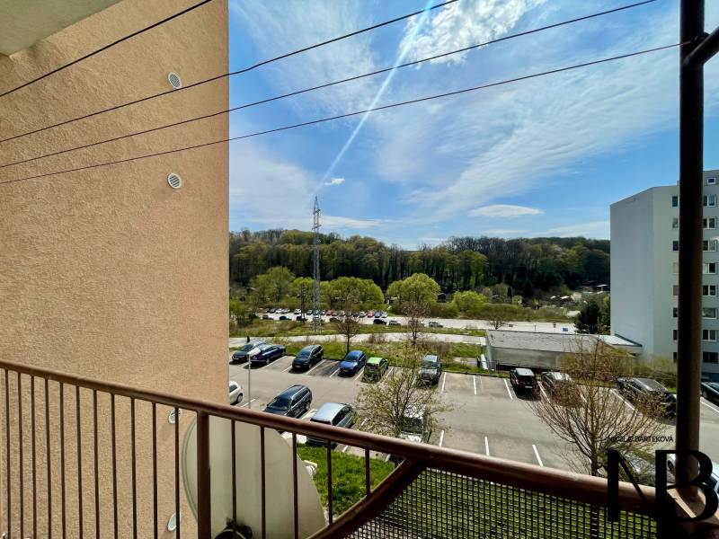 Na prenájom slnečný 2i byt s balkónom, ul. Východná, Trenčín - Výhľad z 2-izbového bytu na ulici Východná zahŕňa parkovisko a zeleň.