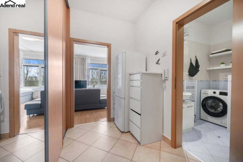 Na predaj príjemný zariadený 1 izbový byt na ulici Antolská, Petržalka - V interiéri 1-izbového bytu sú viditeľné chodba, kúpeľňa a obývací priestor.