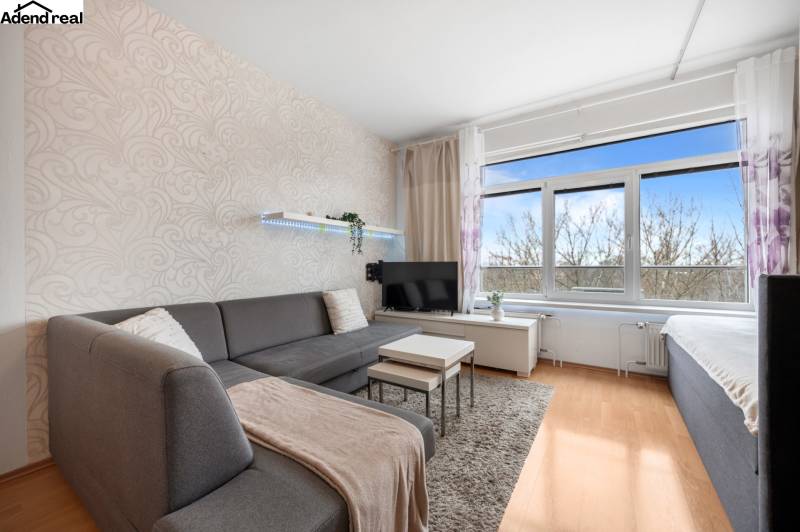 Na predaj príjemný zariadený 1 izbový byt na ulici Antolská, Petržalka - Obývacia časť 1-izbového bytu s pohovkou, TV, svetlými stenami a podlahou s dreveným dekorom.