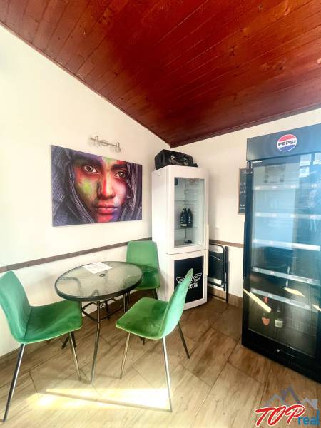 PRENÁJOM - Bistro/ Gastro prevádzka - Košice - Juh - Gastro priestory s podlahou s dreveným dekorom, zelené stoličky, obrazy a chladnička.