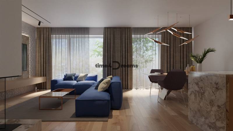 NA PREDAJ ‼️POSLEDNÉ 2 ‼️- 4 izbové radové domy v Ivánke pri Nitre - Obývacia izba s modrou sedačkou a drevenými prvkami, útulné prostredie rodinného domu.