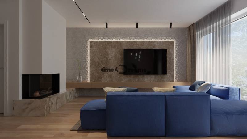 NA PREDAJ ‼️POSLEDNÉ 2 ‼️- 4 izbové radové domy v Ivánke pri Nitre - Obývačka s tmavomodrým gaučom, televízorom, krbom a dizajnovou stenou na Gergeľova. Rodinný dom.