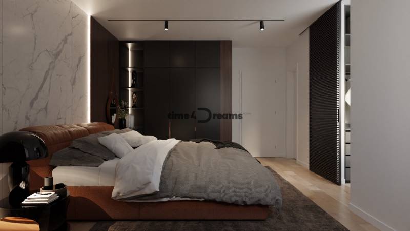 NA PREDAJ ‼️POSLEDNÉ 2 ‼️- 4 izbové radové domy v Ivánke pri Nitre - Interiér spálne s posteľou, šatníkovou skriňou a dekoráciami, útulné riešenie pre rodinný dom.