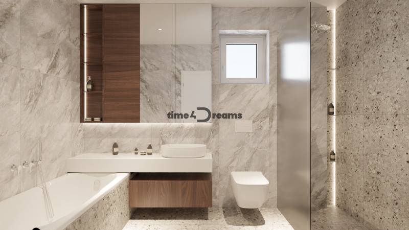 NA PREDAJ ‼️POSLEDNÉ 2 ‼️- 4 izbové radové domy v Ivánke pri Nitre - Elegantná kúpeľňa s mramorovým obkladom, vaňou a sprchou na ulici Gergeľova.