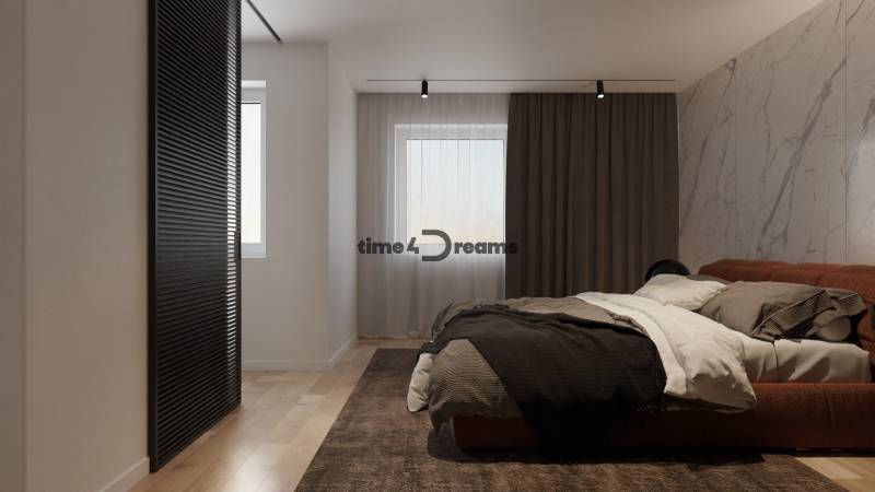 NA PREDAJ ‼️POSLEDNÉ 2 ‼️- 4 izbové radové domy v Ivánke pri Nitre - Spálňa s posteľou, mramorovou stenou, drevenou podlahou a závesmi. Ulica Gergeľova, Rodinný dom.