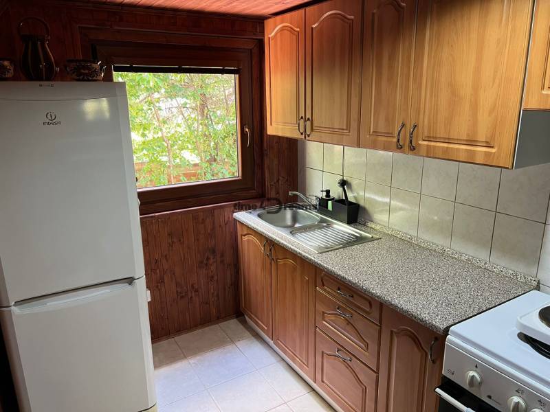 NA PREDAJ Chata na Duchonke- Prašice - Drevený interiér kuchyne v chate s moderným vybavením a výhľadom do záhrady.