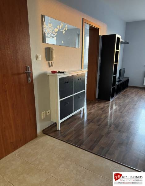 Prenájom 2-izb byt v uzavretom areáli Bratislava II - Predsieň v 2-izbovom byte s podlahou s dreveným dekorom a nábytkom.