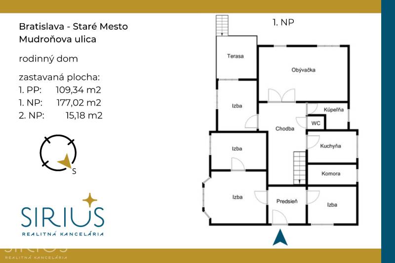 MUDROŇOVA – medzivojnová vila na HRADNOM KOPCI s veľkým pozemkom - Pôdorys prízemia rodinného domu na Mudroňovej ulici v Starom Meste, Bratislava.
