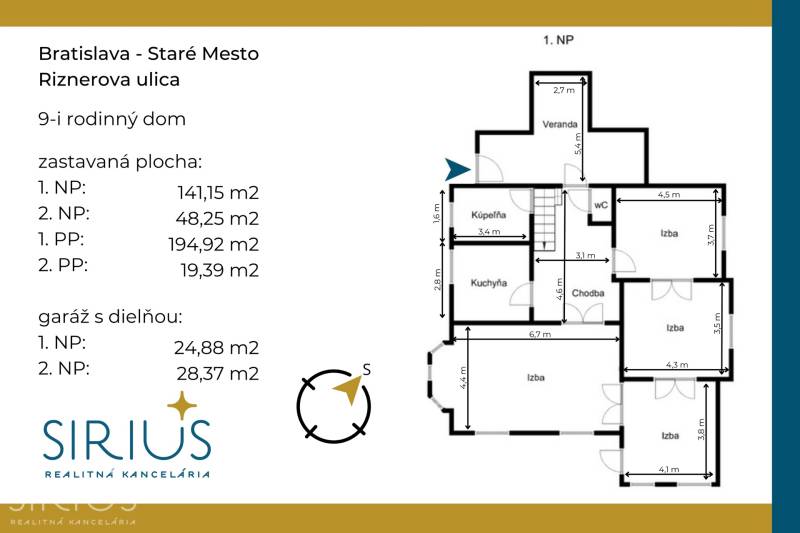 RIZNEROVA, RD – s veľkým pozemkom nad BRATISLAVSKÝM HRADOM - Pôdorys rodinného domu na Riznerovej ulici, Bratislava - Staré Mesto, s rozlohou pre všetky podlažia.