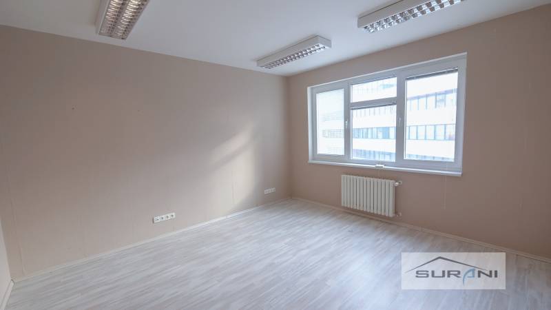  	 Bez Provízie | Kancelária 17m2 | Paulínyho ulica | Bratislava - Prázdna kancelária s podlahou s dreveným dekorom, veľkým oknom a osvetlením na strope.