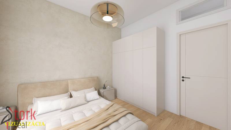 TOP - Rodinný dom s veľkým pozemkom - Dolný Hričov - Spálňa v rodinnom dome s podlahou s dreveným dekorom, posteľou, skriňou a priestorovým osvetlením.