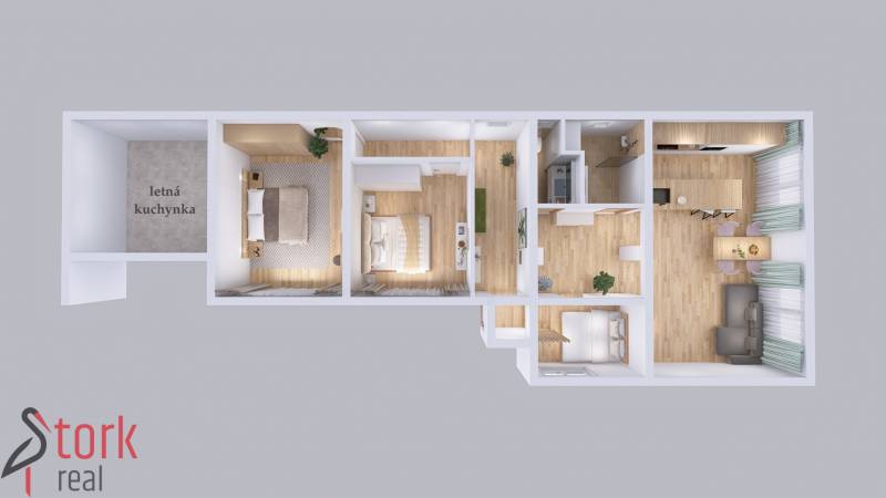 TOP - Rodinný dom s veľkým pozemkom - Dolný Hričov - Pôdorys Rodinného domu s podlahou s dreveným dekorom, letnou kuchynkou a nábytkom.