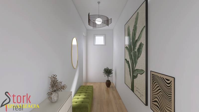 TOP - Rodinný dom s veľkým pozemkom - Dolný Hričov - Úzky interiérový chodník s dekoráciami a podlahou s dreveným dekorom v rodinnom dome.