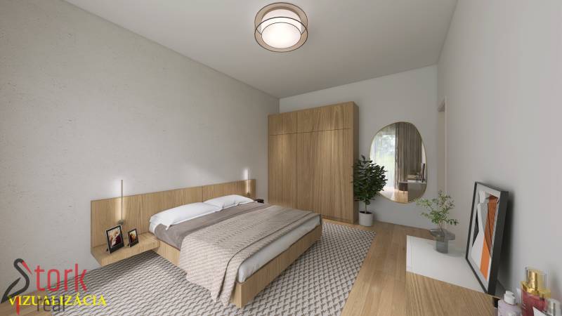 TOP - Rodinný dom s veľkým pozemkom - Dolný Hričov - Spálňa v rodinnom dome s manželskou posteľou, šatníkovou skriňou a podlahou s dreveným dekorom.