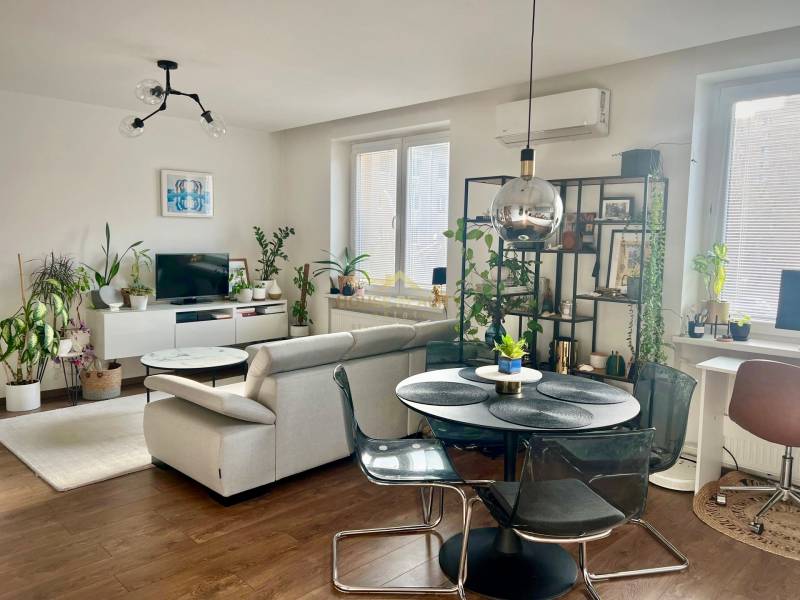 Prenájom 2,5 izbový byt, Trenčianska ulica, Bratislava II. Ružinov - Obývačka v 2-izbovom byte s podlahou s dreveným dekorom a množstvom rastlín.