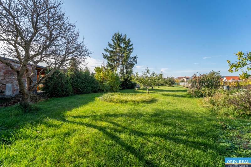 RD PO REKONŠTRUKCII spolu so STAVEBNÝM POZEMKOM na druhý dom - takmer  - Záhrada s trávnikom a stromami pri rodinnom dome na Kupeckého ulici v Pezinku.
