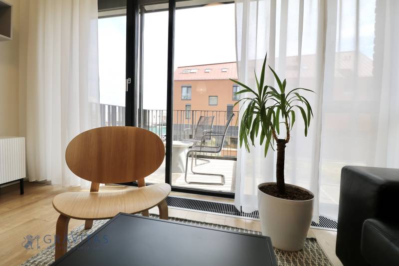 Komfortne vybavený 2-izbový byt v projekte 2 Sýpky - Interiér 2-izbového bytu s podlahou s dreveným dekorom, izbovou rastlinou a terasou.