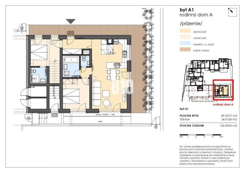 VILADOMY BUDATÍN - 3 IZBOVÝ BYT 125m2, A1 - Pôdorys 3-izbového bytu s terasou a vyznačením denných a nočných zón.