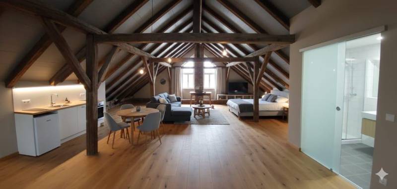 Na predaj zrekonštruovaný dom na Štefánikovej ulici, Trenčín - Pôdorys s drevenými trámami, podlahou s dreveným dekorom a jedálenským stolom v Rodinnom dome.