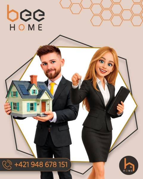 PREDAJ – 4-izbový rodinný dom v radovej zástavbe s garážou - Animované postavy prezentujú model domu a kľúč so službami Bee Home.