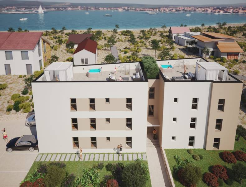 CHORVÁTSKO - Novostavba 80 m od mora - SUKOŠAN - Apartmánový komplex v Sukošane s výhľadom na pobrežie, strešnou terasou a bazénom.