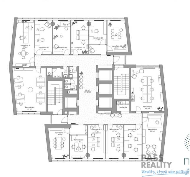 PRENÁJOM exkluzívnych priestorov 318 m2 TECHNOPOL, Kutlíkova ul. - Pôdorys obchodných priestorov ukazuje kancelárie, kuchynku a sociálne zariadenia.