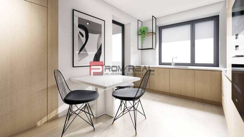 Predaj 3-izbový byt od 184 999 € v projekte Rezidencia Potôčik - Kuchynský kút v 2-izbovom byte s podlahou s dreveným dekorom a moderným zariadením.