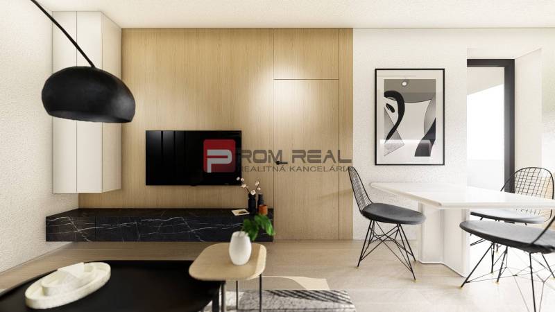 Predaj 3-izbový byt od 184 999 € v projekte Rezidencia Potôčik - Interiér 2-izbového bytu s podlahou s dreveným dekorom a štýlovým jedálenským kútom.