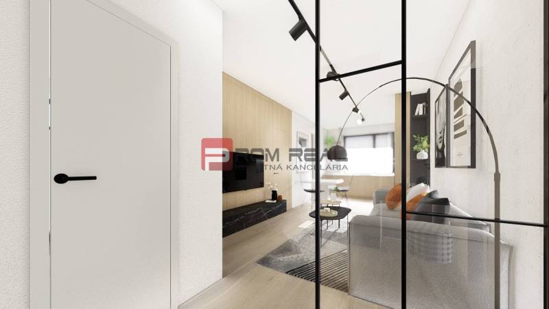 Predaj 3-izbový byt od 184 999 € v projekte Rezidencia Potôčik - Interiér 2-izbového bytu s podlahou s dreveným dekorom, pohovkou a sklenenými dverami.