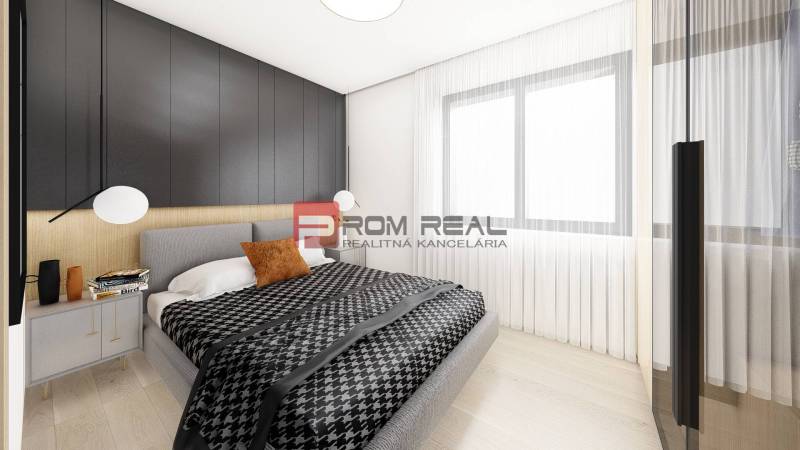 Predaj 3-izbový byt od 184 999 € v projekte Rezidencia Potôčik - Spálňa v 2-izbovom byte s podlahou s dreveným dekorom a šedým čalúneným nábytkom.