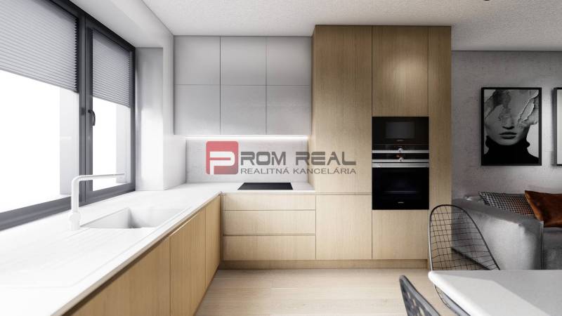 Predaj 3-izbový byt od 184 999 € v projekte Rezidencia Potôčik - Kuchyňa v 2-izbovom byte s podlahou s dreveným dekorom, svetlými skrinkami a oknom.