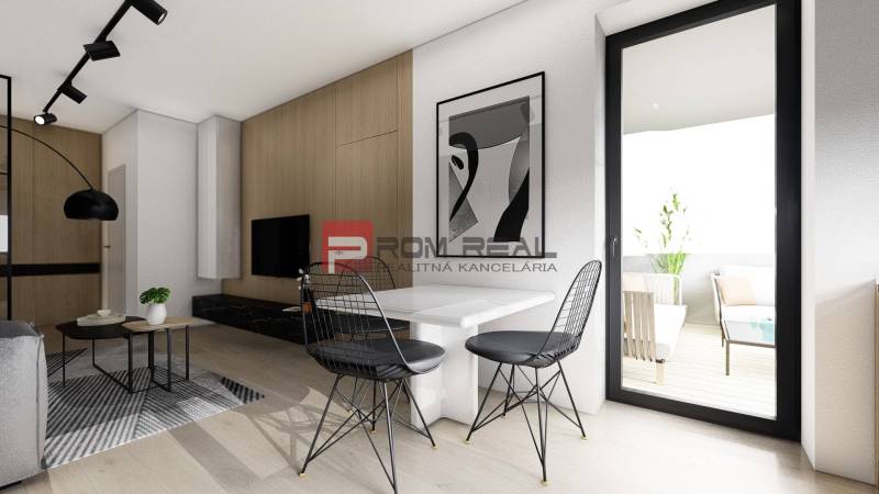 Predaj 3-izbový byt od 184 999 € v projekte Rezidencia Potôčik - Jedáleň v 2-izbovom byte s podlahou s dreveným dekorom a balkónom.