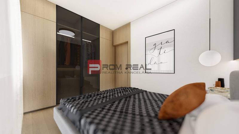 Predaj 3-izbový byt od 184 999 € v projekte Rezidencia Potôčik - Spálňa v 2-izbovom byte s dreveným dekórom, vstavaná skriňa, posteľ a dekorácia na stene.